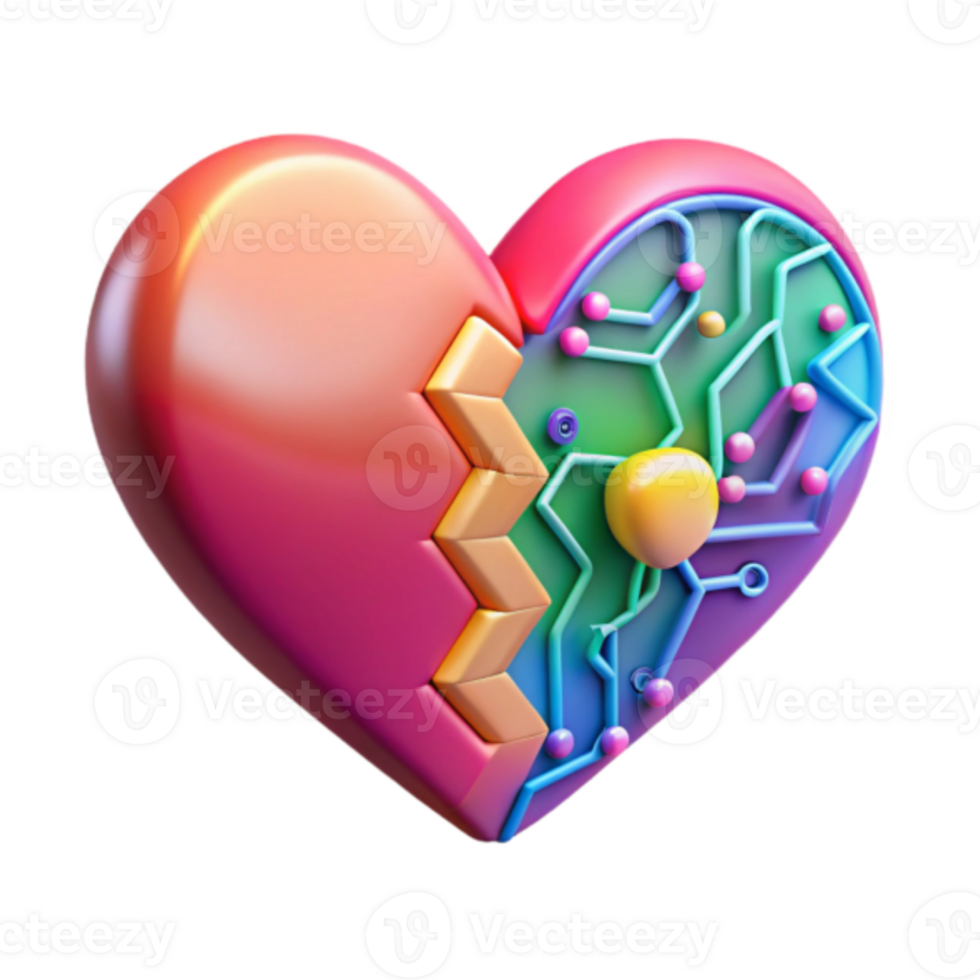 Vibrant Render of a Broken Heart with Circuitry png