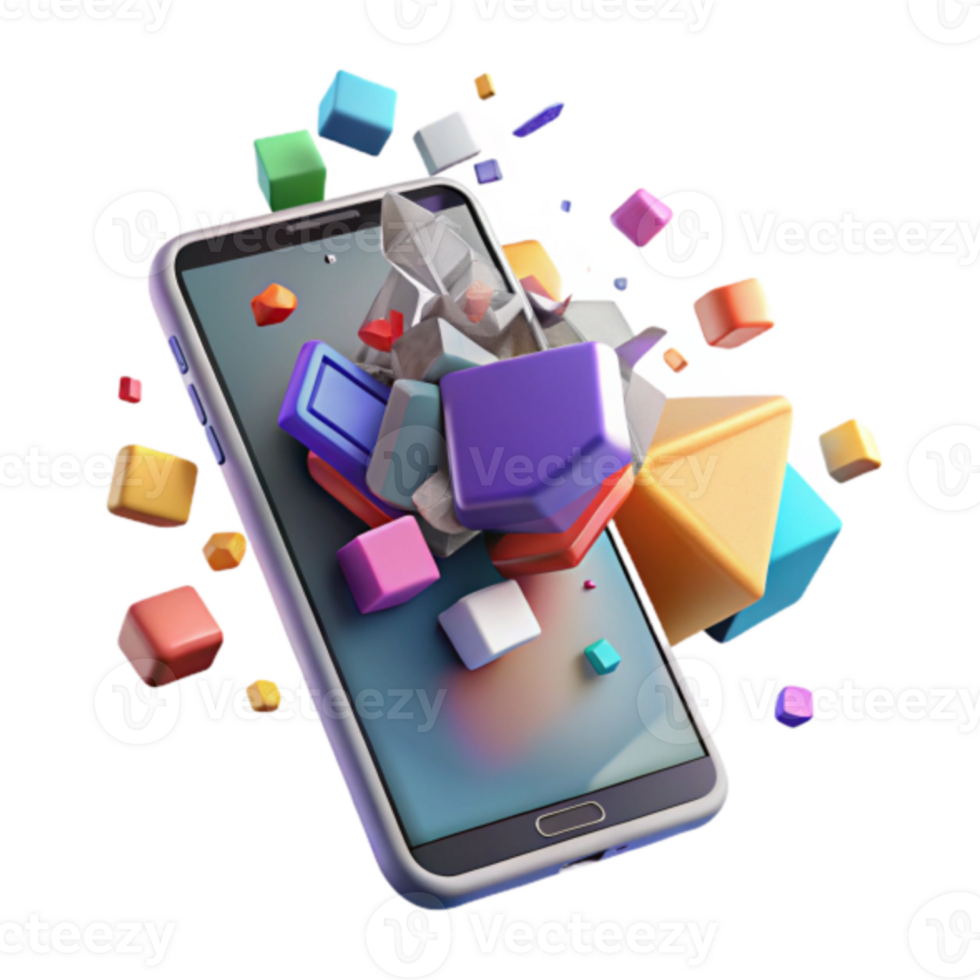Illustration of Colorful Geometric Shapes Exploding from Smartphone Screen png
