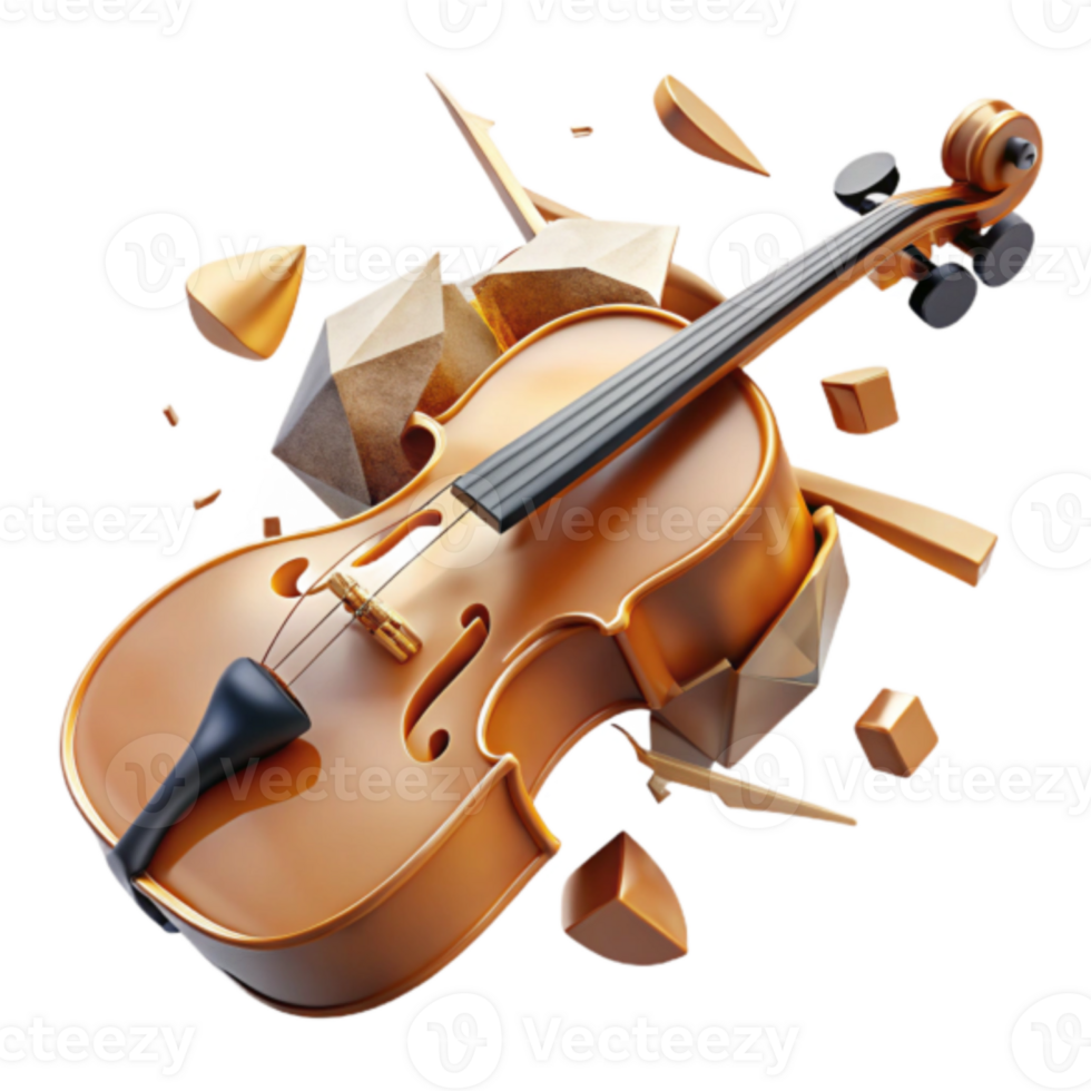 Shattered Symphony A Render of a Violin Exploding into Geometric Fragments png