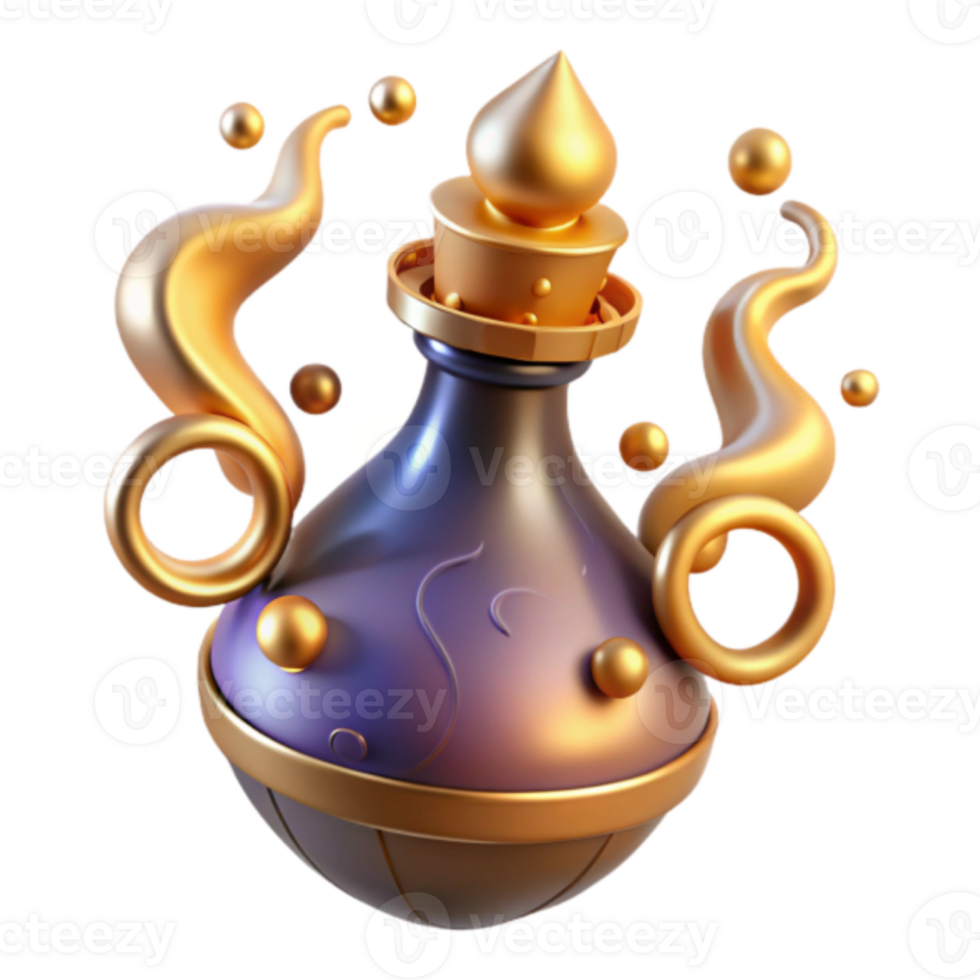 Render of a Magical Potion Bottle with Golden Accents and Swirls png