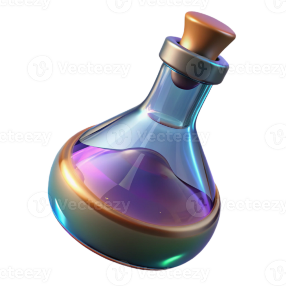 Iridescent Glass Potion Bottle Render, Magical Elixer, Fantasy Concoction, Colorful Liquid, Game Asset, Sci-fi Element, Enchanted Vial, Digital Art, Sparkling Fluid, Mystic Brew png