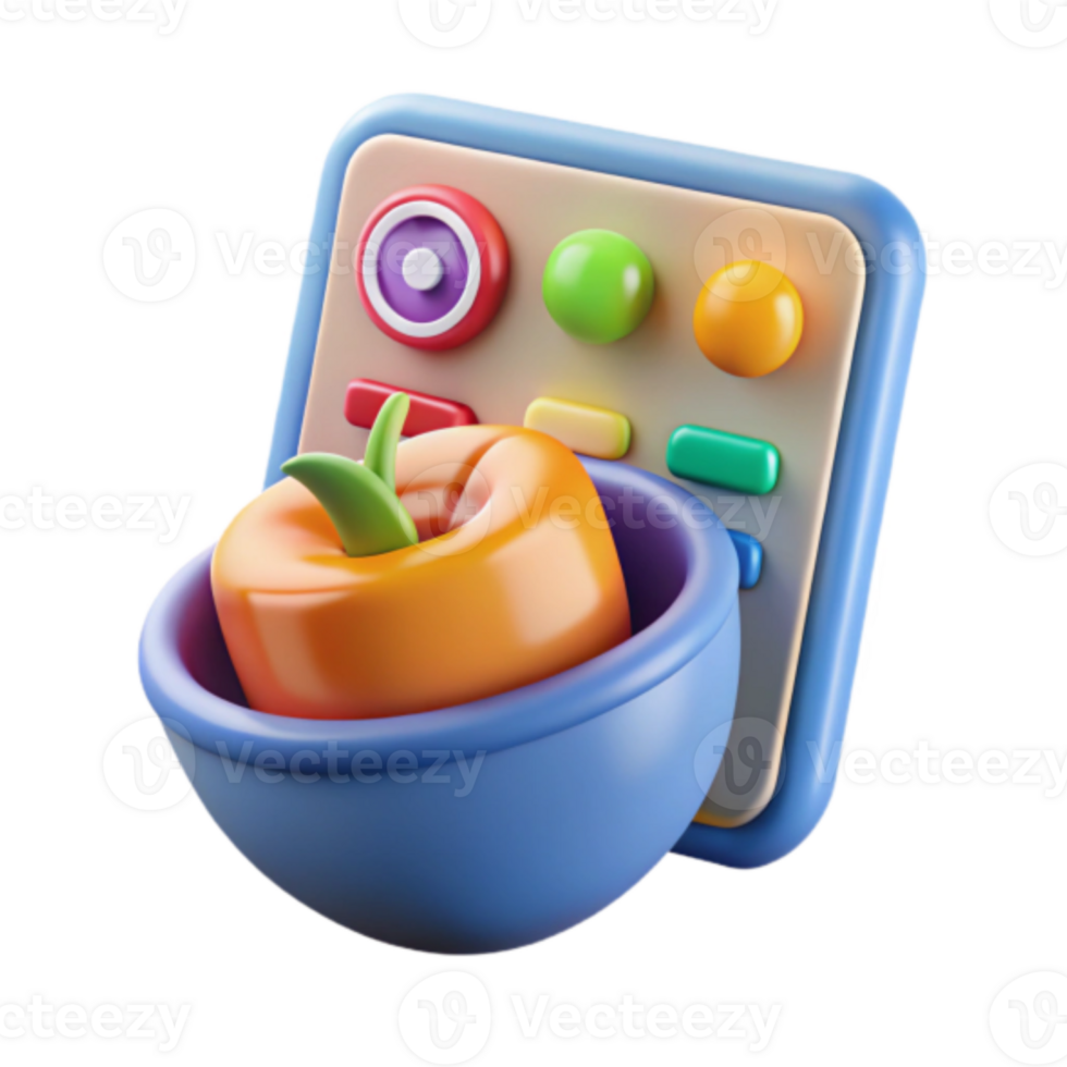 Vibrant Render of an Orange Fruit in a Bowl with a Colorful Control Panel png
