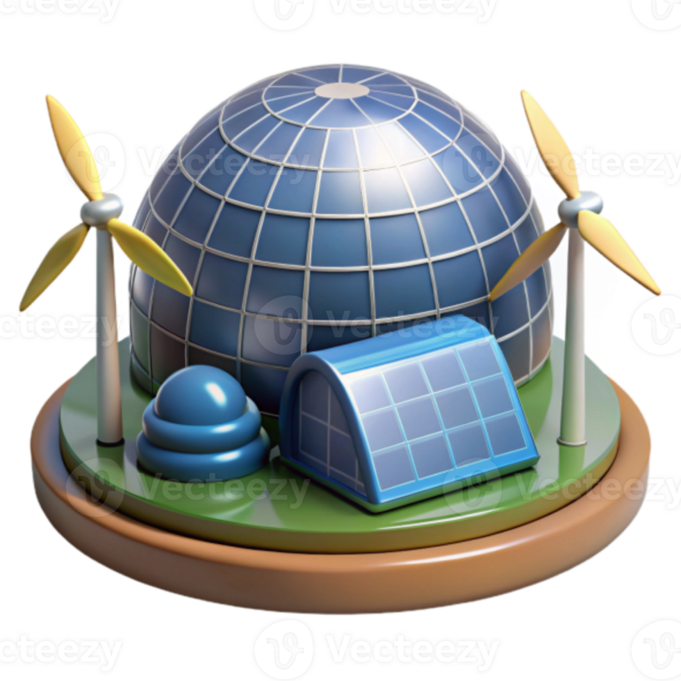 Illustration Eco-Friendly Geodesic Dome with Wind Turbines and Solar Panels png