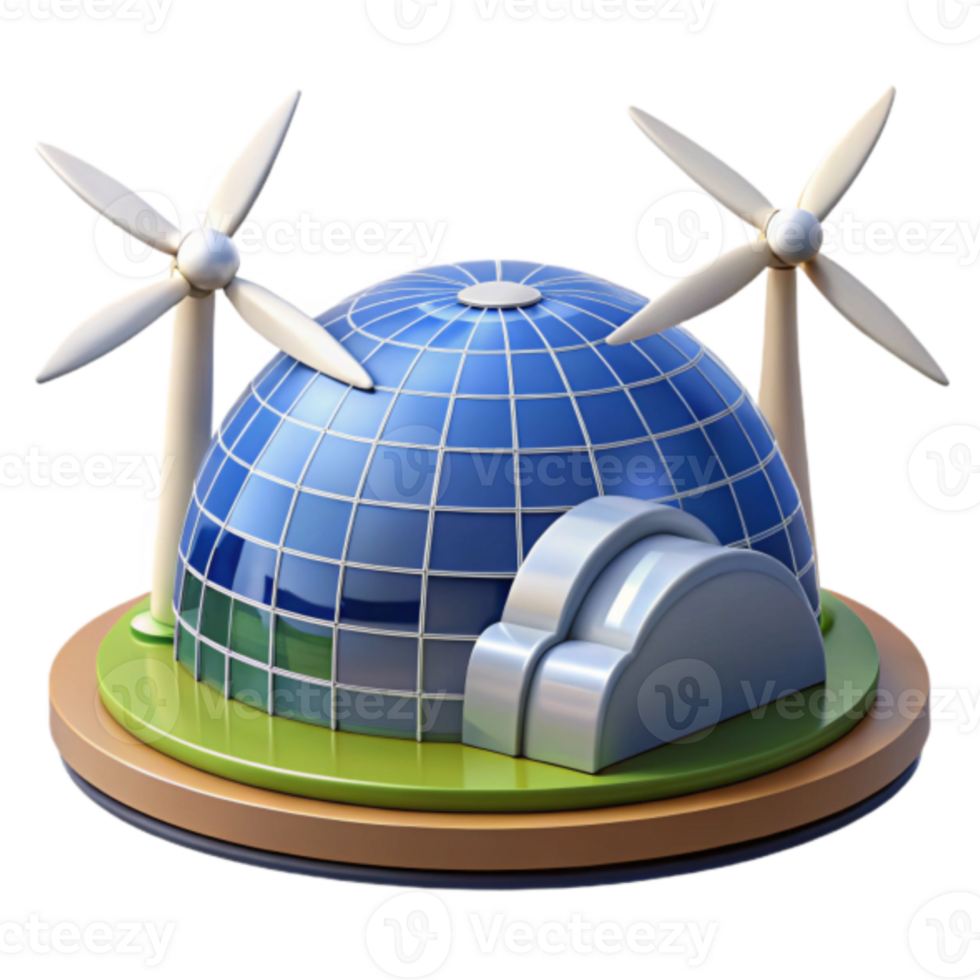 Illustration of Eco-Friendly Geodesic Dome Building with Wind Turbines png