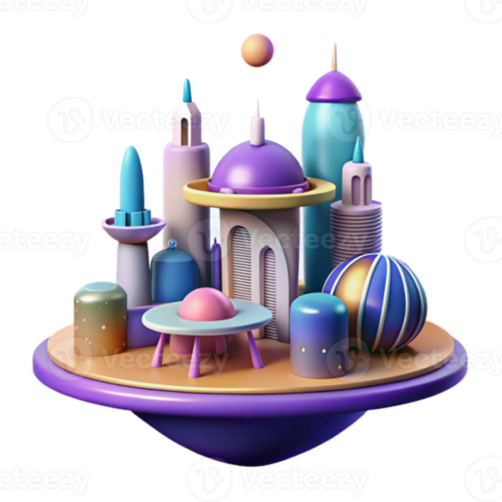 Whimsical Render of a Floating Cityscape Pastel Buildings and Geometric Structures png