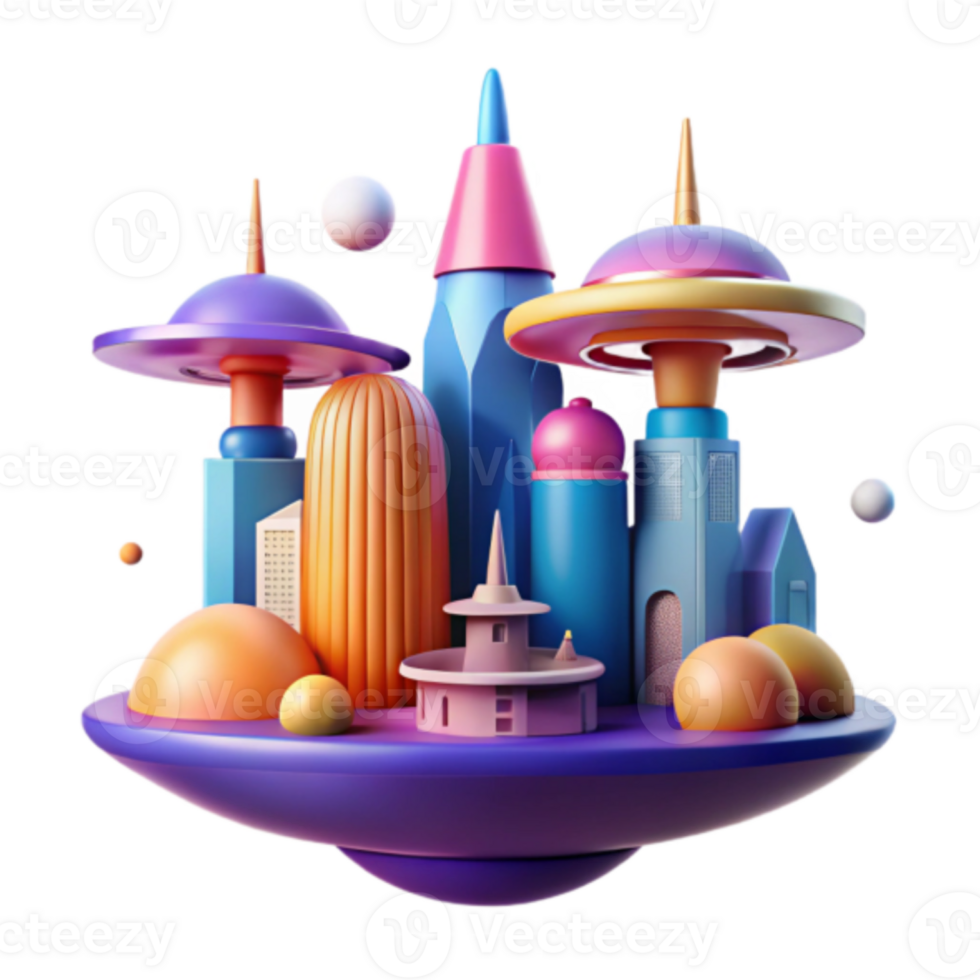 Vibrant Cityscape Illustration Floating Island Metropolis with Colorful Buildings and Geometric Structures png