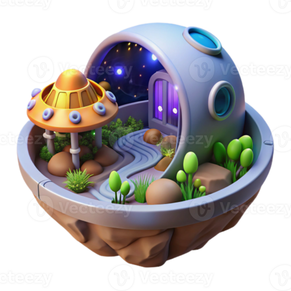 Render of a Futuristic Spaceship Home on a Miniature Planet png