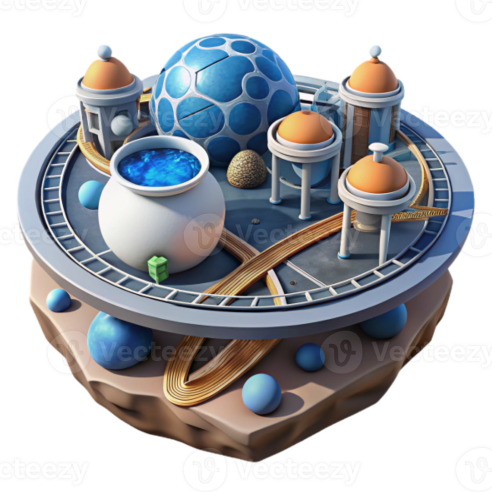 Render of Futuristic Island Cityscape with Domes and Celestial Elements png