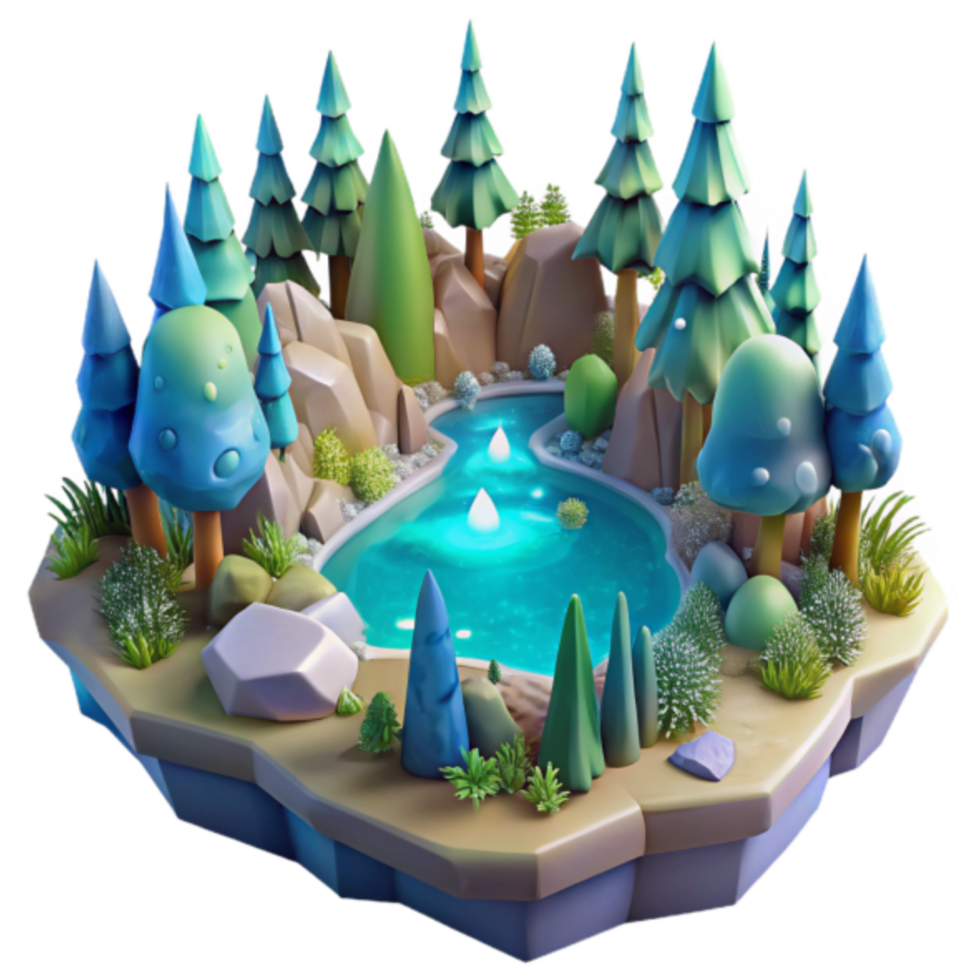 Enchanted Forest Pond Illustration A Magical Lakeside Scene with Cartoon Trees and Glowing Water png