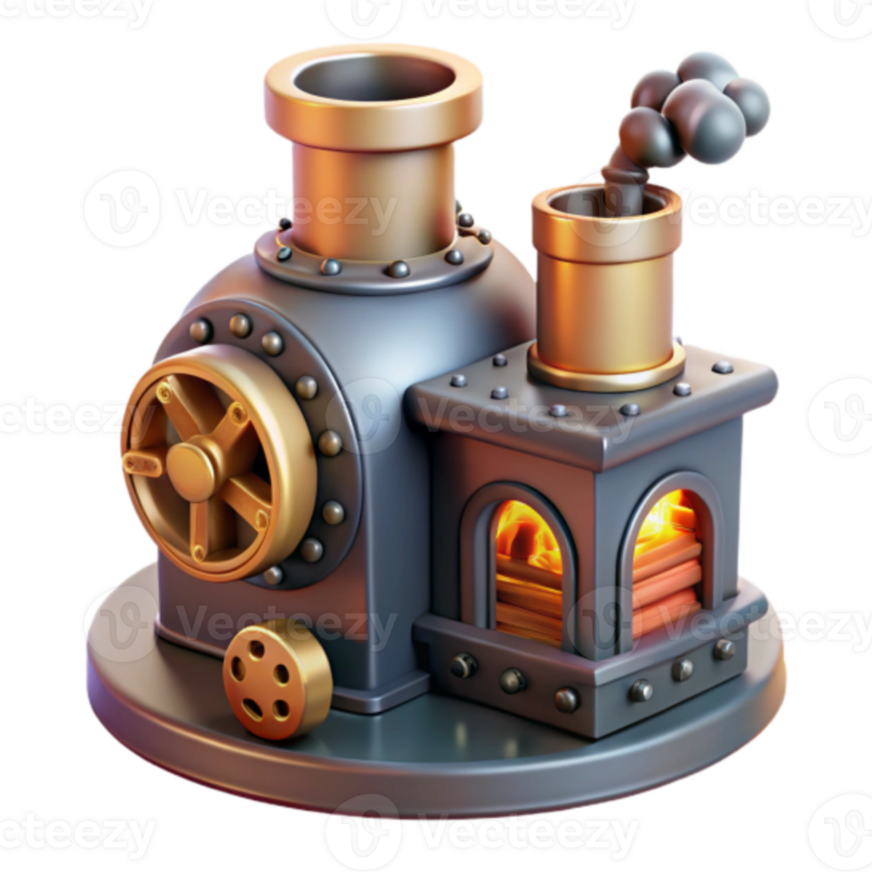 Render of a Steampunk Engine Illustration Detailed Industrial Machine with Boiler, Chimney and Wheel png