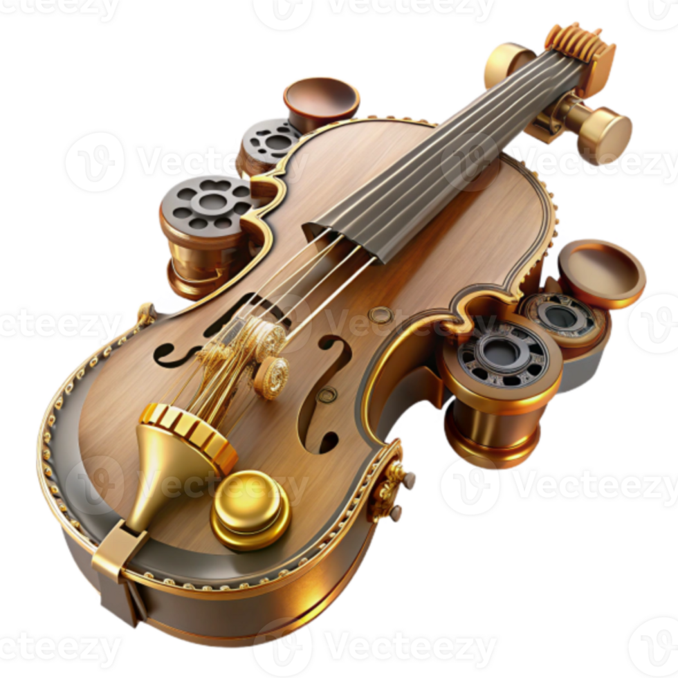 Steampunk Violin Render Ornate Gold and Wood Musical Instrument Illustration png