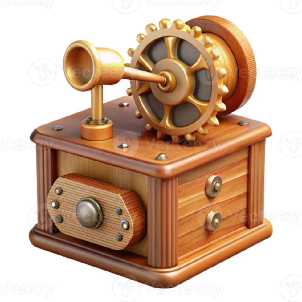 Vintage Wooden Music Box Render Illustration Gears Mechanism Antique Musical Instrument png