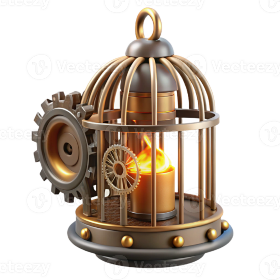 Steampunk Birdcage with Flame Render Illustration png