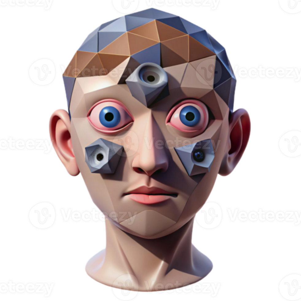 Polygonal Head Render Abstract Art with Geometric Facets and Embedded Lenses png