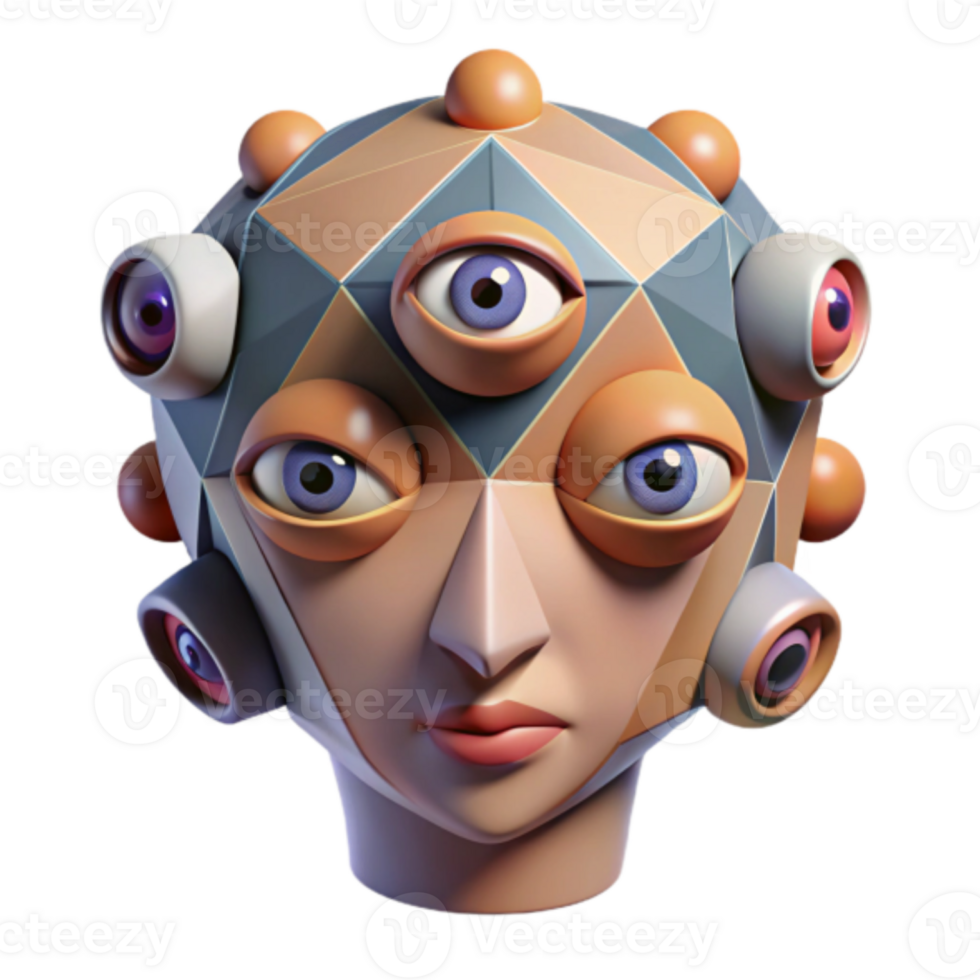 Illustration of a Geometric Head with Multiple Eyes png
