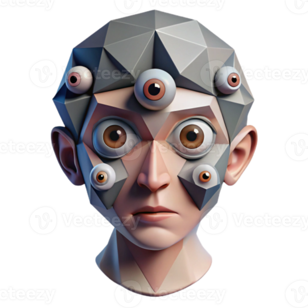 Geometric Render of a Face with Multiple Eyes png
