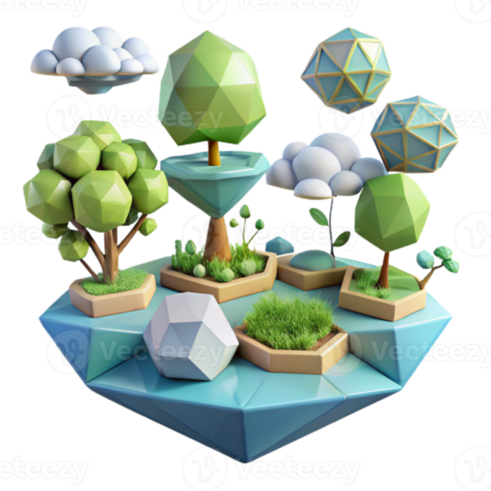 Low Poly Render of a Floating Island with Trees, Clouds, and Geometric Shapes png