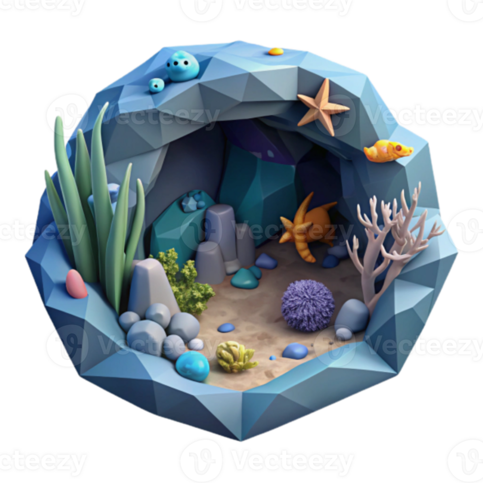 Undersea World Render Low Poly Illustration Ocean Cave Scene with Starfish, Seaweed, and Colorful Creatures png
