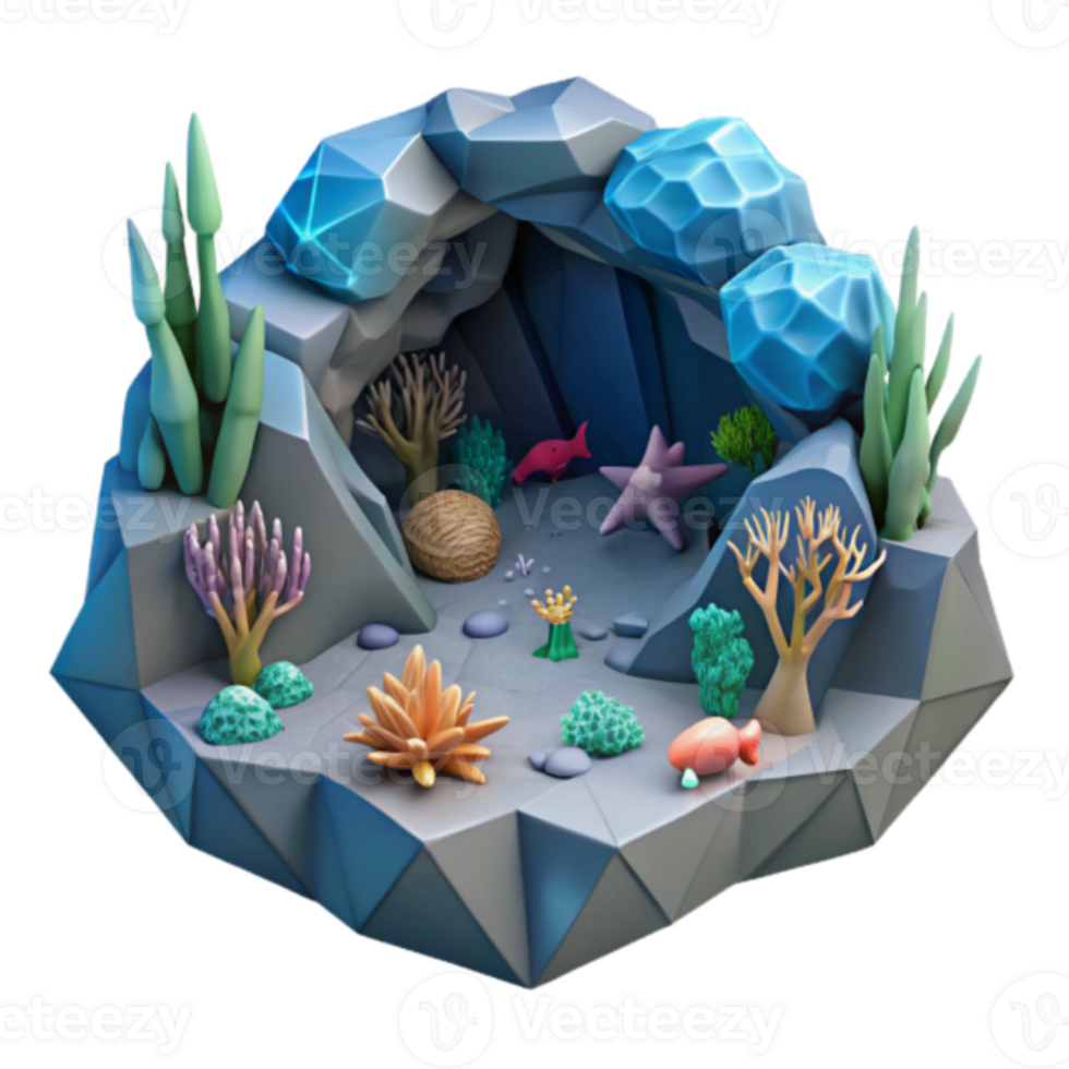 Low Poly Render of an Underwater Cave Scene png