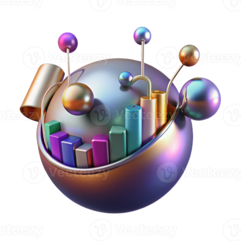 Abstract Render of Colorful Geometric Shapes and Bar Graph Inside Iridescent Sphere png