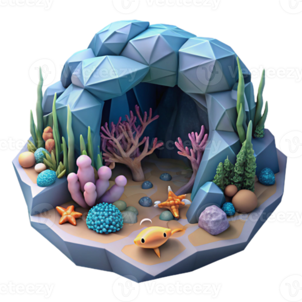 Undersea Cave Illustration Low Poly Coral Reef Scene with Fish and Starfish png