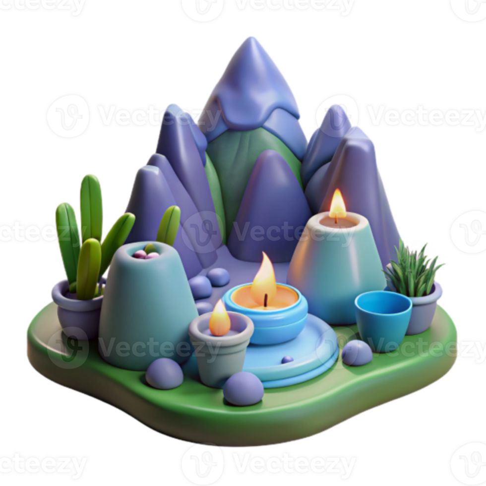 Render Serene Mountain Landscape with Candles and Succulents png