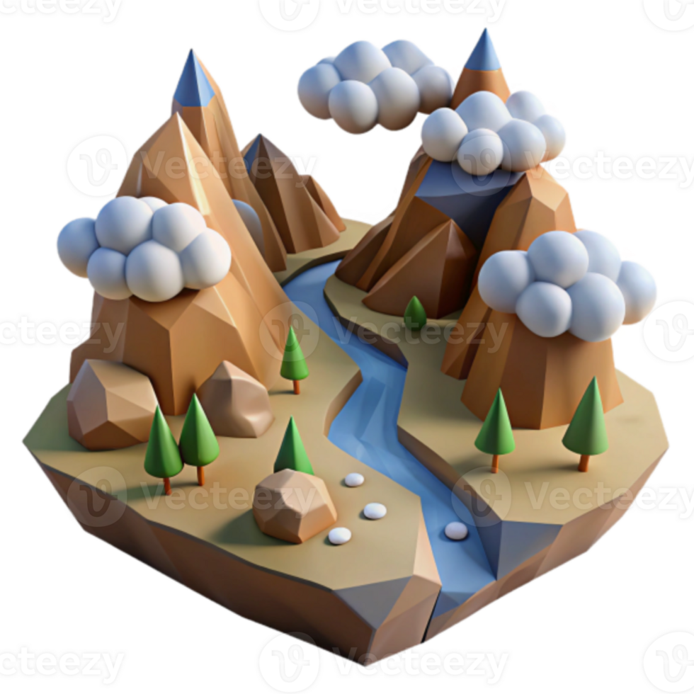 Low Poly Mountain Landscape Illustration Serene River Valley with Clouds png