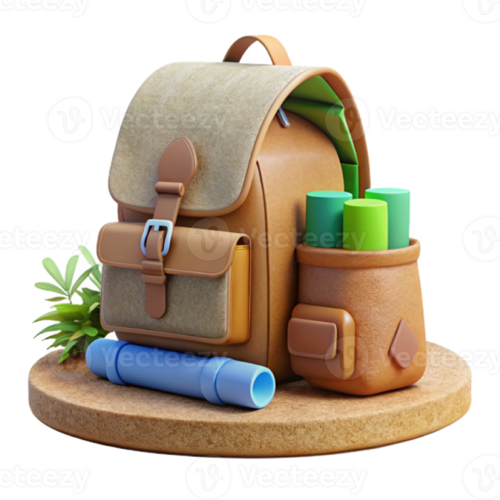 Render of a Tan Backpack with Supplies on a Round Pedestal png