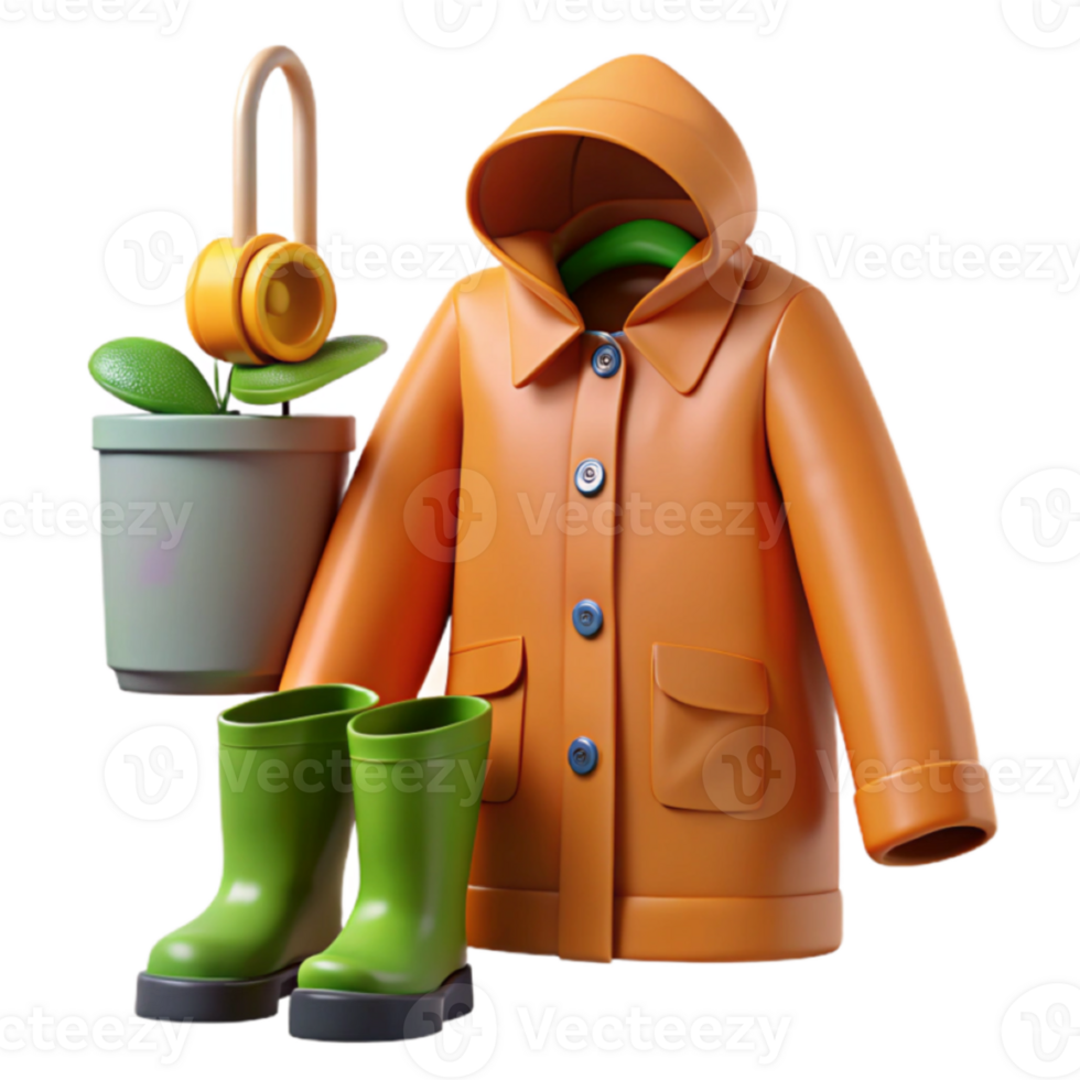 Render Orange Raincoat Green Boots and Potted Plant Illustration png