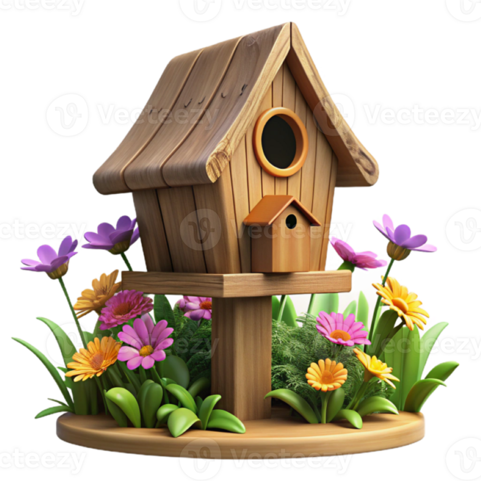 Charming Wooden Birdhouse Render Surrounded by Vibrant Spring Flowers png