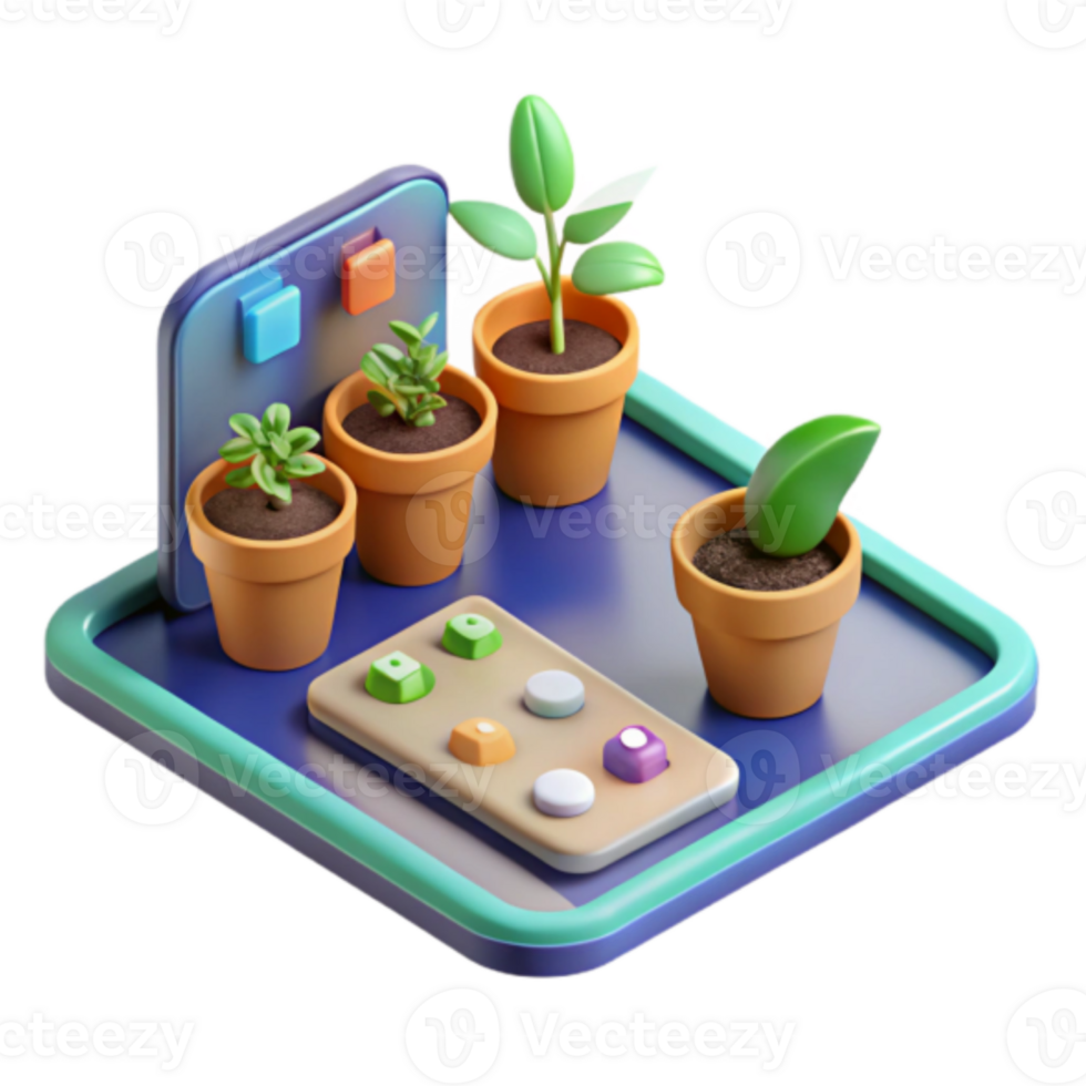 Render of Potted Plants on Smart Device Tray Isometric View of Growing Plants, Technology and Nature png