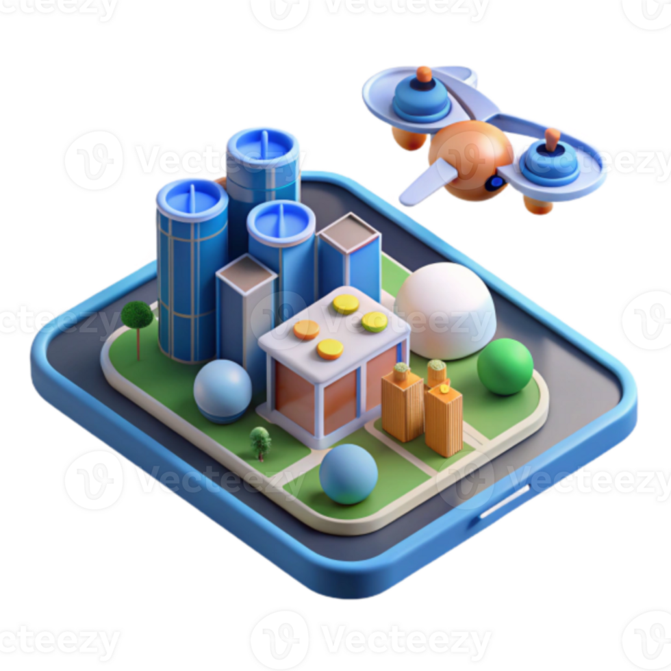 Isometric Illustration of Smart City on a Mobile Device with Drone png