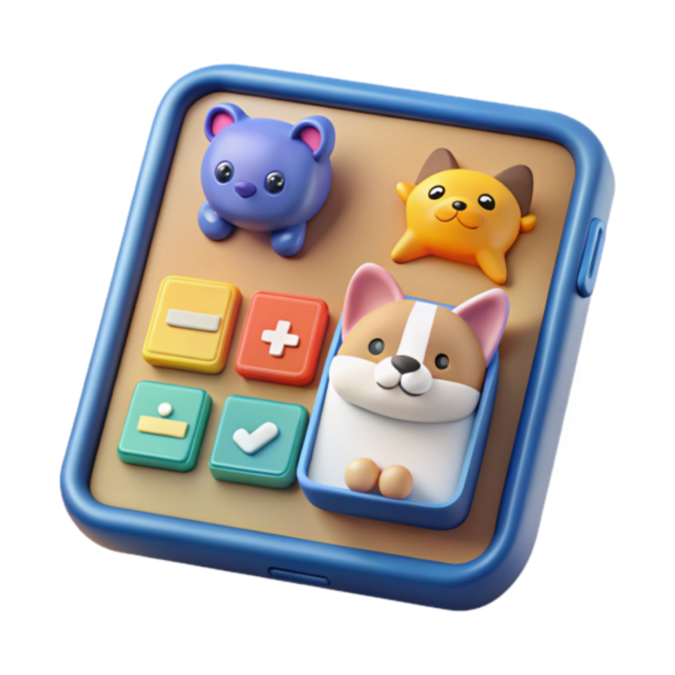 Adorable Render of a Tablet App Featuring Cute Cartoon Animals and Math Symbols png