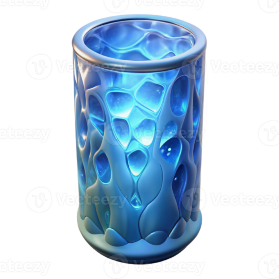Glowing Blue Organic Render, Abstract Cylinder Design, Luminous Cellular Structure, Futuristic Vessel, Illuminated Cave-like Texture, Sci-fi Container, Digital Art png