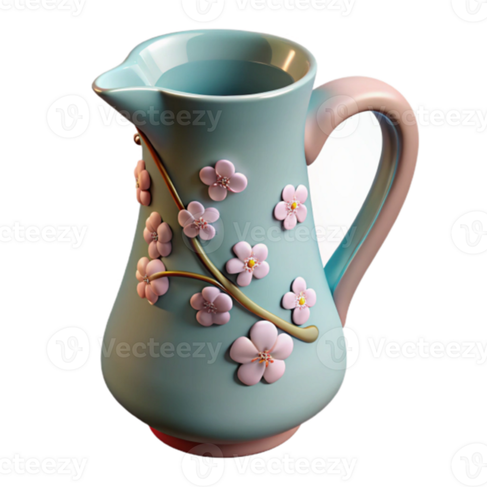 Render of Elegant Blue Pitcher with Pink Flower Design png