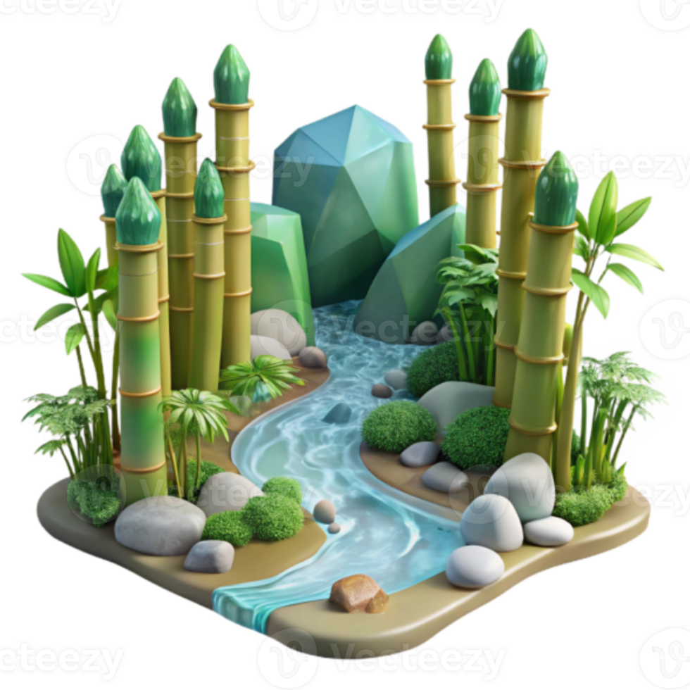 Render Lush Bamboo Grove Tranquil Stream Scene Illustration png