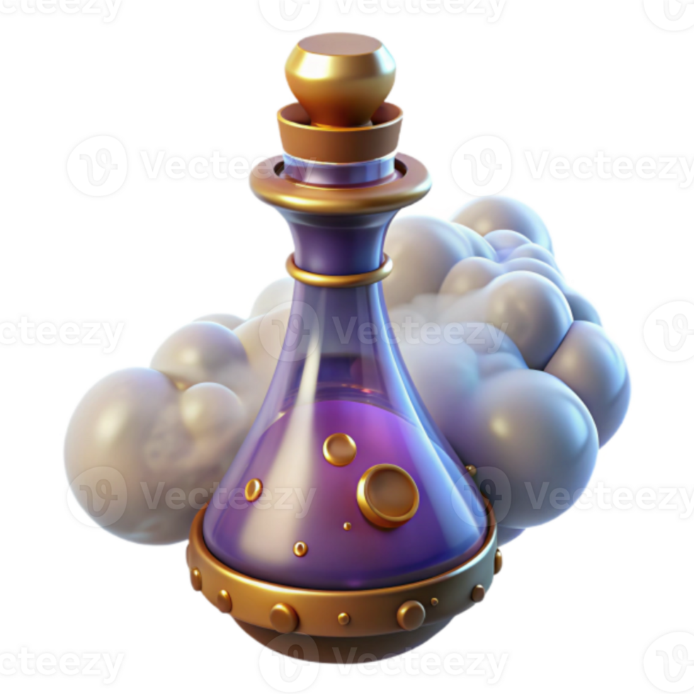 Enchanted Purple Potion Bottle Render, Fantasy Game Asset, Magical Elixir, Mystic Brew, Whimsical Design, Gold Accents, Steam VFX, Purple Glass Bottle, Game UI Element png