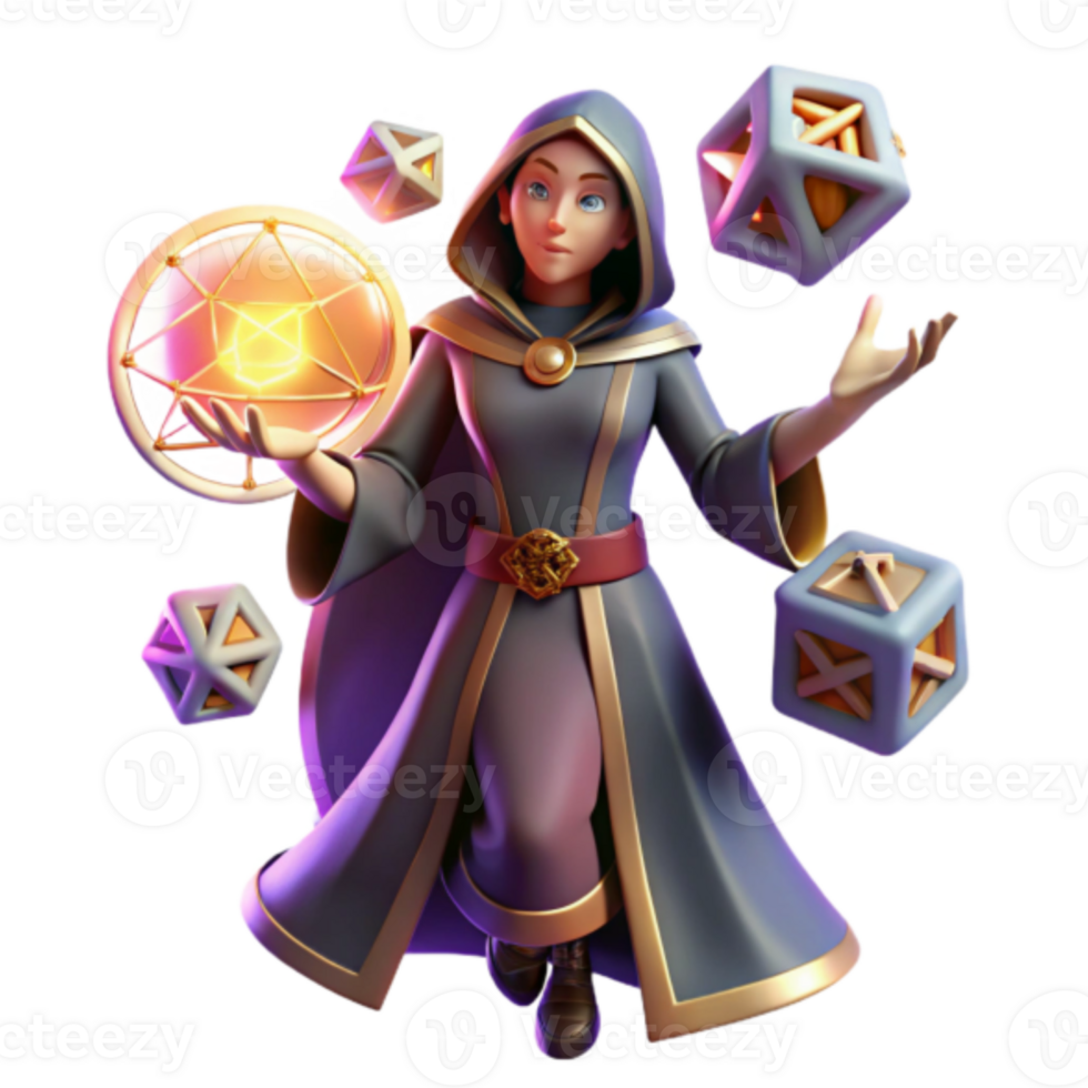 Render of a Female Mage Juggling Cubes and Orb png