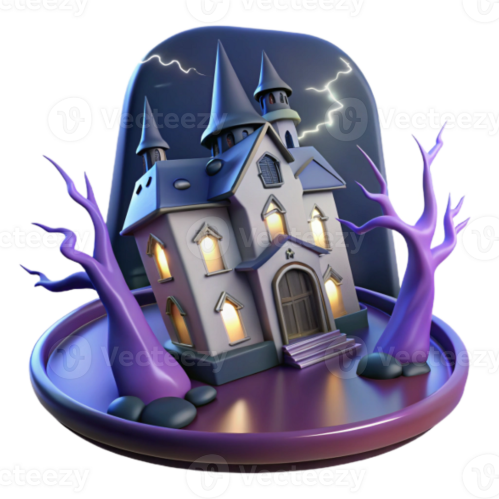 Spooky Halloween Haunted House Illustration with Glowing Windows and Twisted Trees png