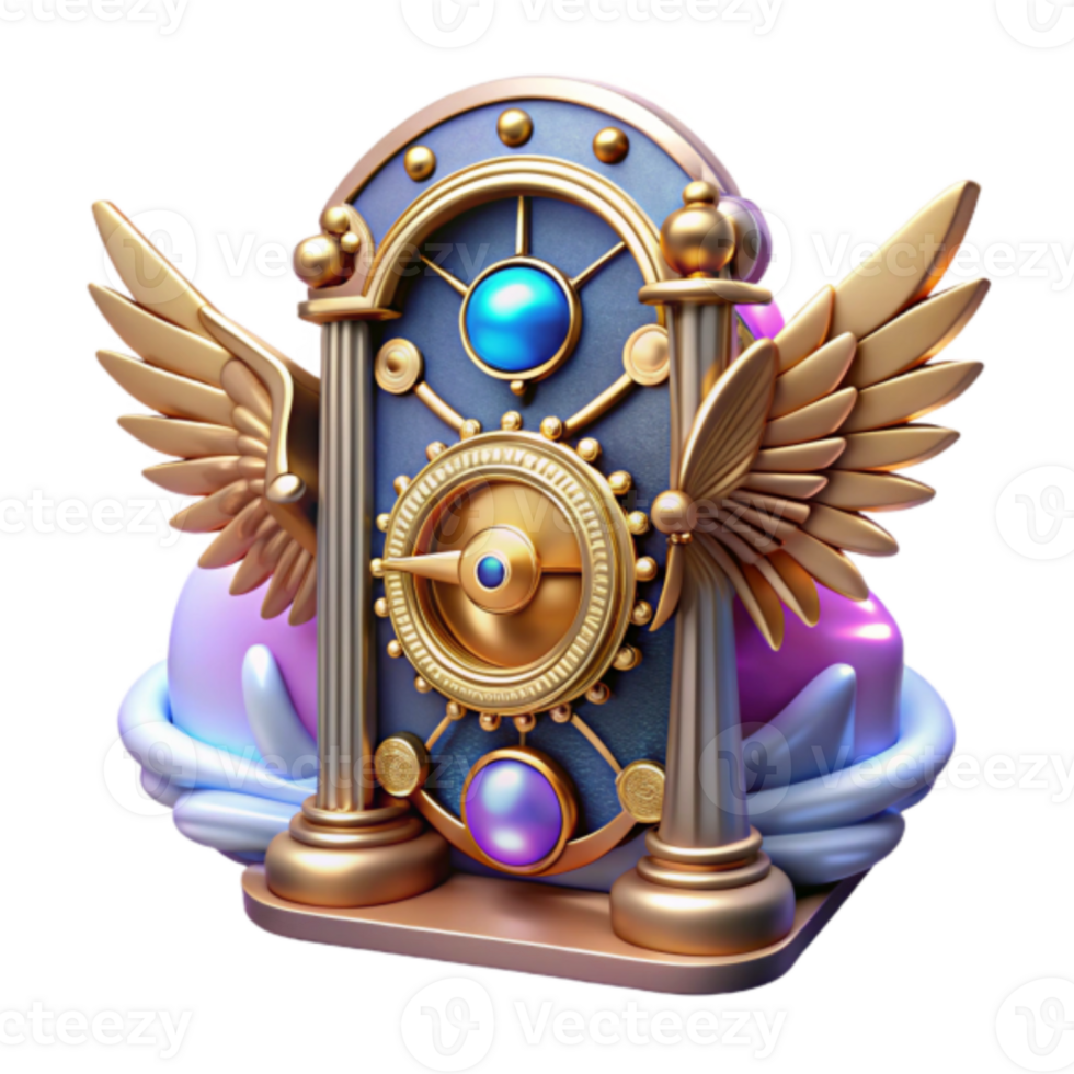 Ornate Render of a Golden Clock with Wings png