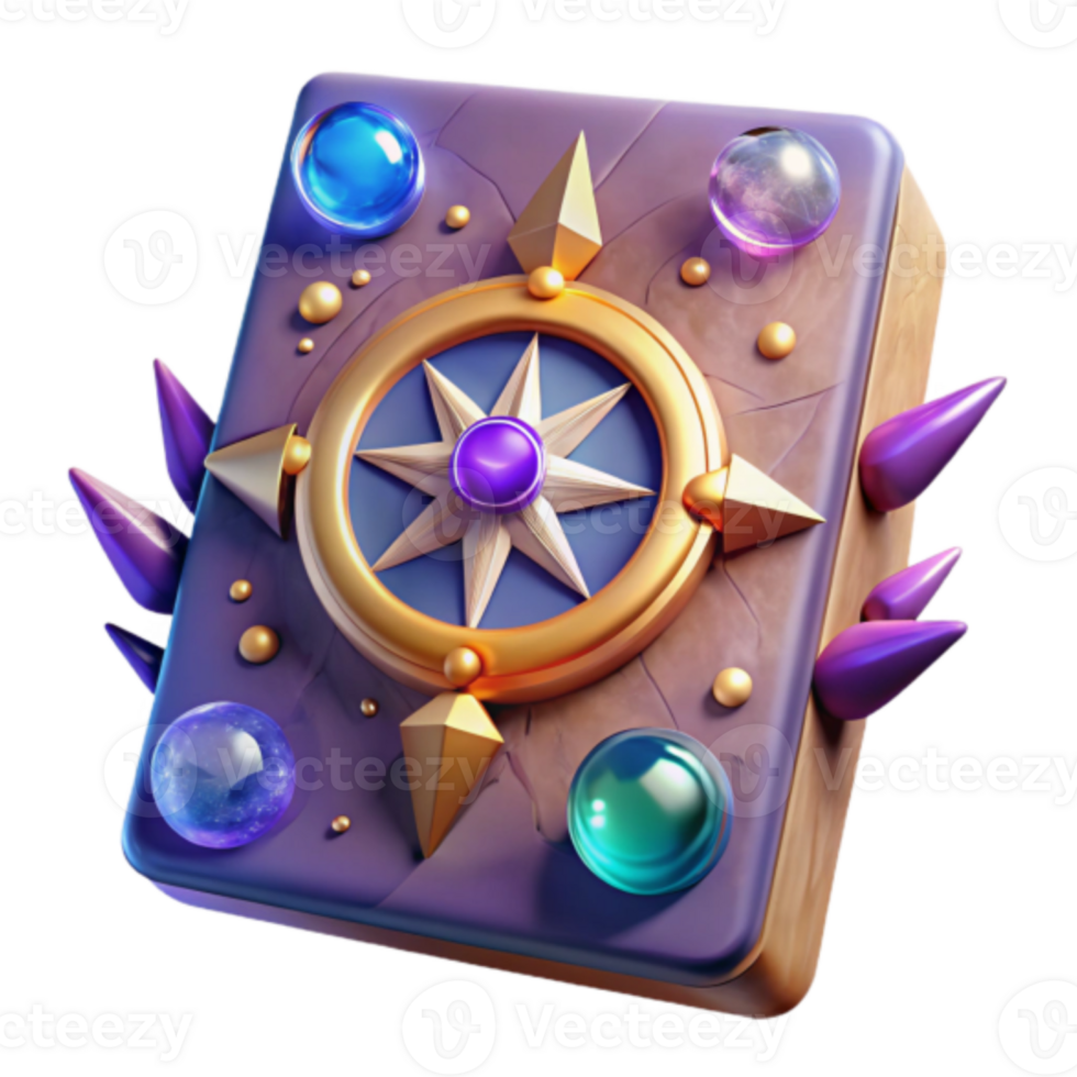 Mystic Compass Render Fantasy Game Asset with Glowing Gems and Spiked Edges png