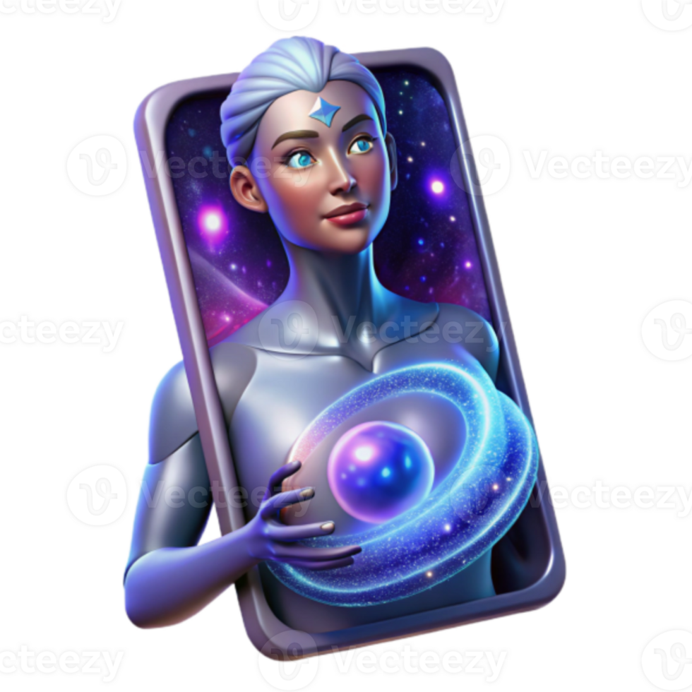 Illustration Cosmic Woman Emerging from Smartphone Screen, Galaxy Background png