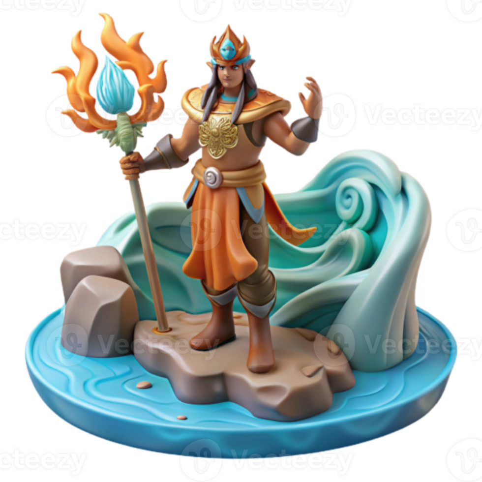 Render of a Fantasy Sorcerer Figure with Staff, Waves, and Rocks png