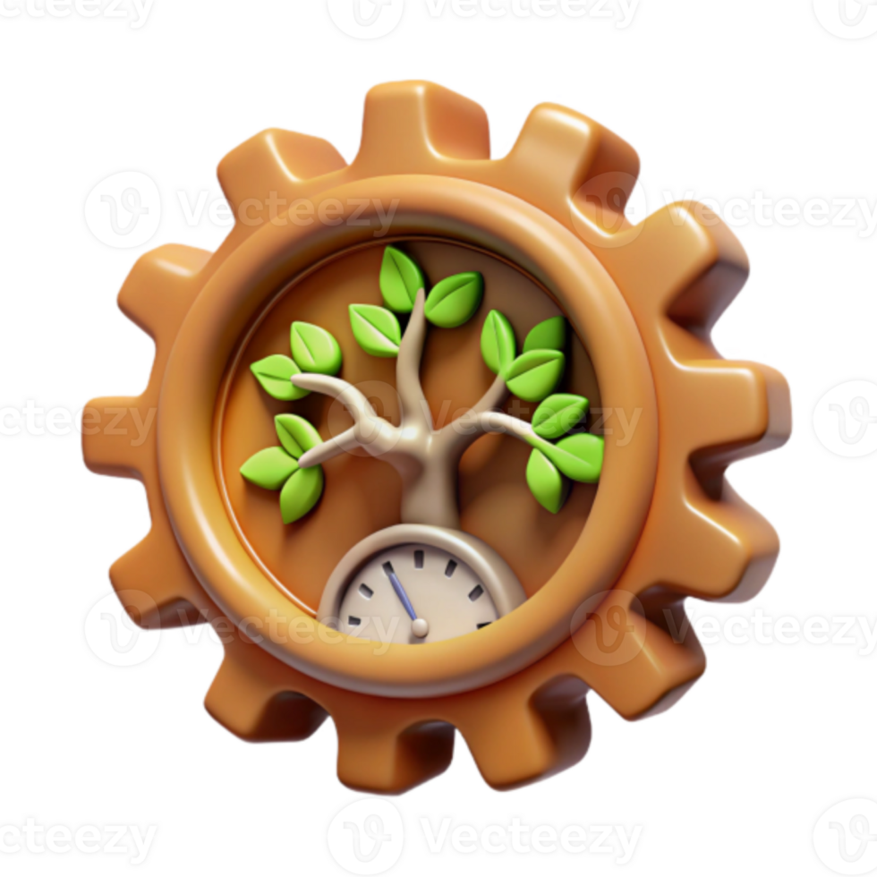 Render of a Gear with an Embedded Tree and Clock Illustration png