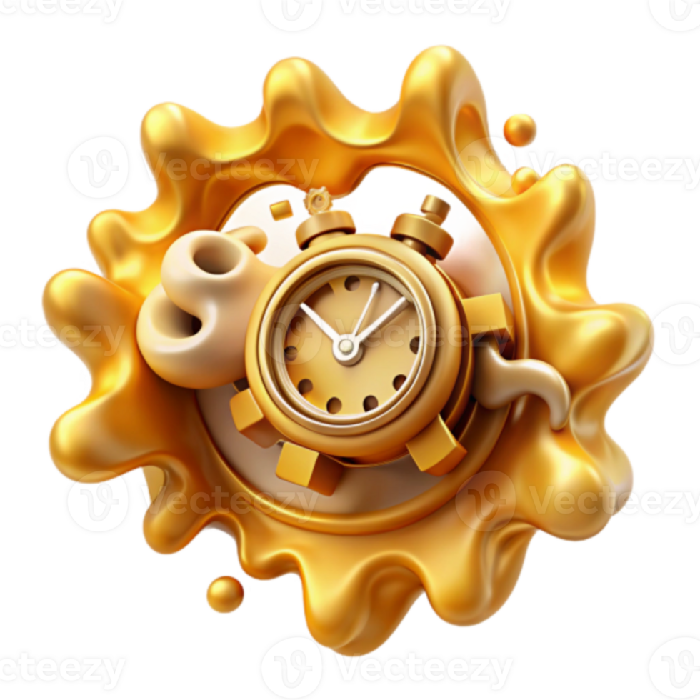 Golden Alarm Clock in Liquid Abstract Render png