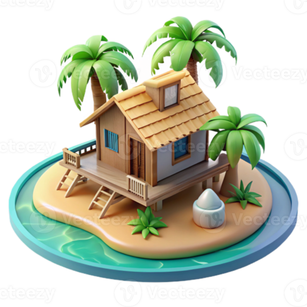 Tropical Island Getaway Render Cottage on Beach Island with Palm Trees png