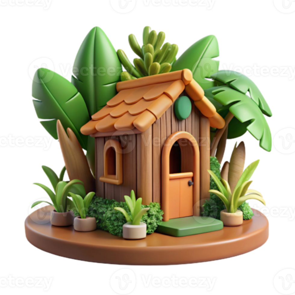 Charming Render of a Wooden Cottage Nestled in Lush Tropical Foliage png