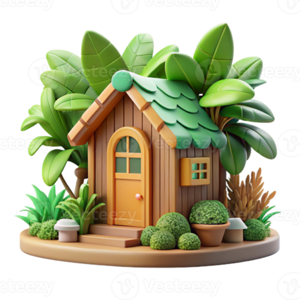Charming Render of a Wooden House Surrounded by Lush Greenery png