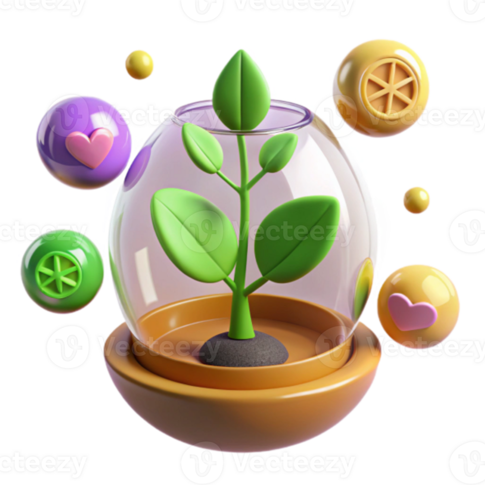Render of a Plant in a Glass Dome with Colorful Abstract Elements png