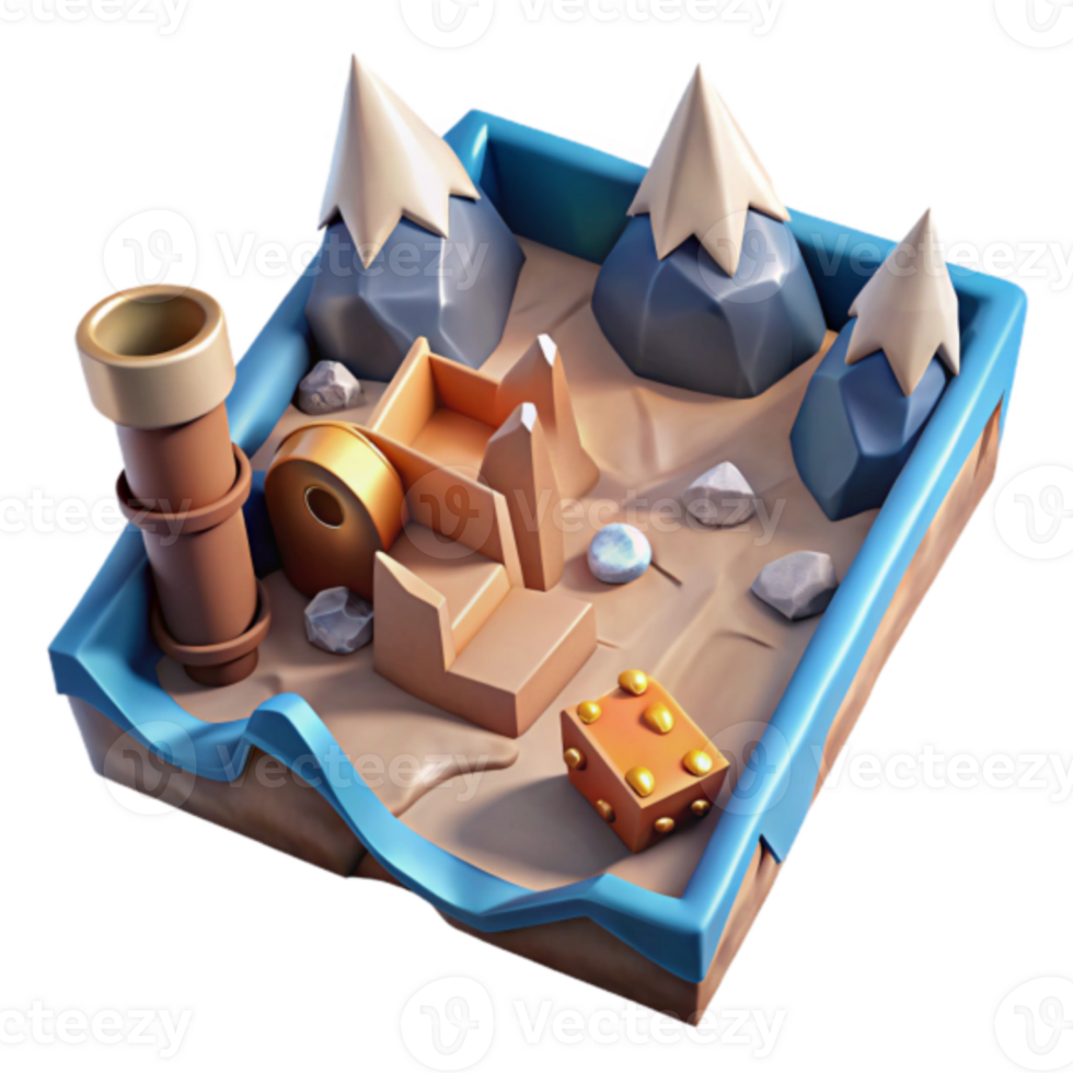 Illustration of a Miniature Sandbox Game Landscape with Mountains, Buildings, and Gold png
